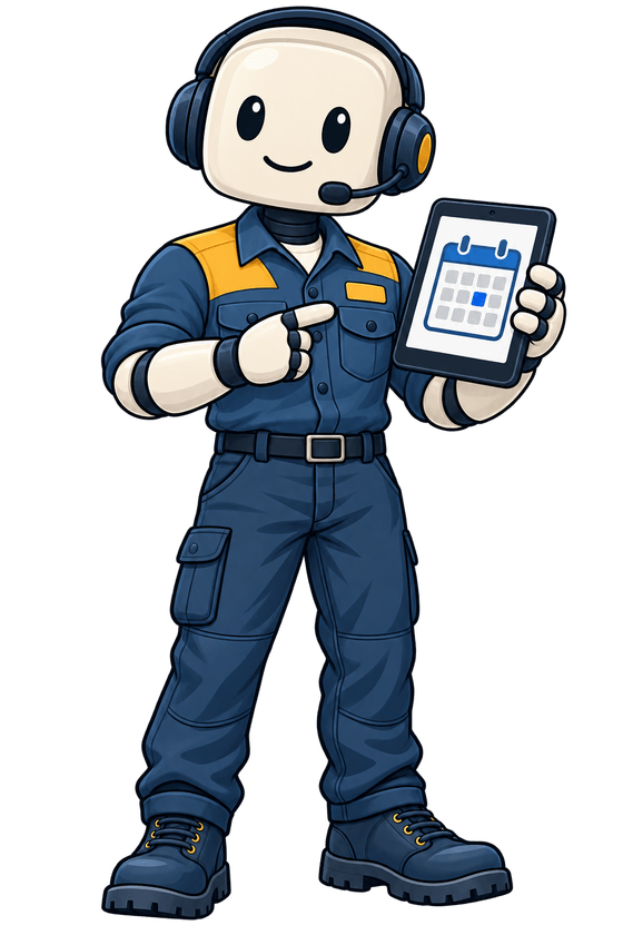The TradeTel-ai crew robot holding a tablet with a booked appointment